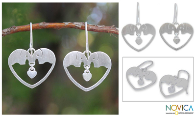 Sterling silver heart earrings, 'Elephants in Love' - Sterling Silver Dangle Earrings