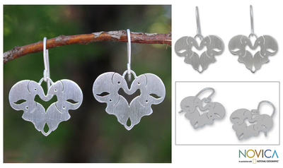 Sterling silver heart earrings, 'Sweetheart Elephants' - Unique Sterling Silver Elephant Dangle Earrings