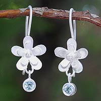 Blue topaz flower earrings, 'Frangipani Dew' - Hand Crafted Silver and Blue Topaz Flower Earrings