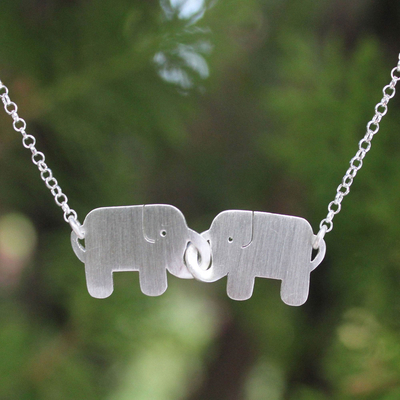 Sterling silver pendant necklace, 'Elephant Friendship' - Unique Sterling Silver Pendant Necklace