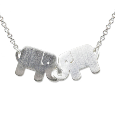 Sterling silver pendant necklace, 'Elephant Friendship' - Unique Sterling Silver Pendant Necklace