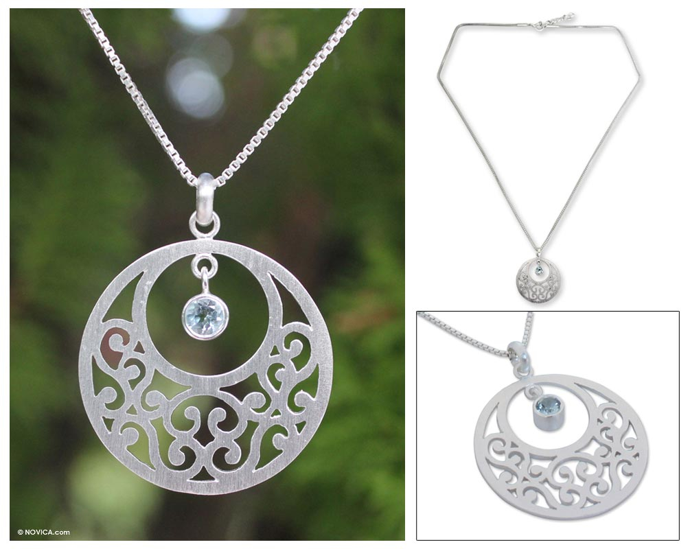 Sterling Silver and Blue Topaz Pendant Necklace - Lanna Moon | NOVICA