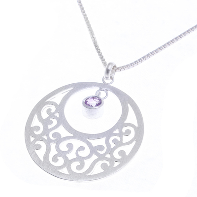 Amethyst floral necklace, 'Lanna Moon' - Amethyst and Silver Pendant Necklace