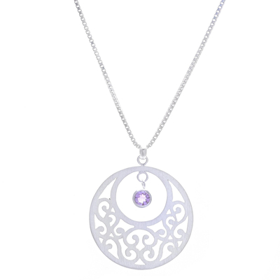 Amethyst floral necklace, 'Lanna Moon' - Amethyst and Silver Pendant Necklace