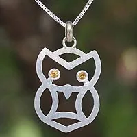 Citrine pendant necklace, 'Bright Owl' - Hand Crafted Sterling Silver and Citrine Bird Necklace