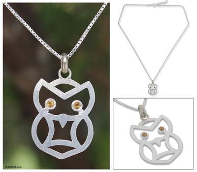 Citrine pendant necklace, 'Bright Owl' - Hand Crafted Sterling Silver and Citrine Bird Necklace