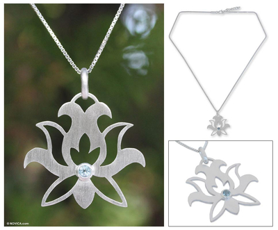 Blue topaz flower necklace, 'Lotus Purity' - Fair Trade Blue Topaz Flower Necklace