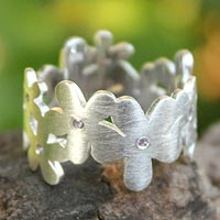 Amethyst flower ring, 'Mystical Frangipani' - Unique Floral Amethyst and Sterling Silver Band Ring