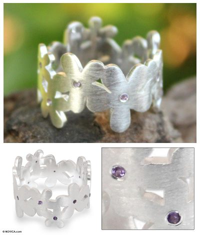 Amethyst flower ring, 'Mystical Frangipani' - Unique Floral Amethyst and Sterling Silver Band Ring