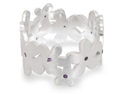 Amethyst flower ring, 'Mystical Frangipani' - Unique Floral Amethyst and Sterling Silver Band Ring