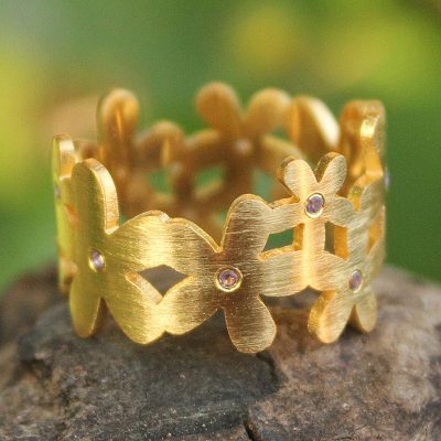 Gold plated amethyst flower ring, 'Mystical Frangipani' - Gold plated amethyst flower ring