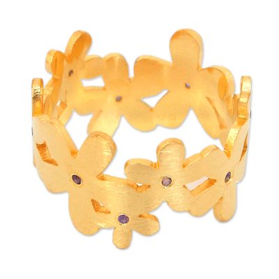 Gold plated amethyst flower ring, 'Mystical Frangipani' - Gold plated amethyst flower ring