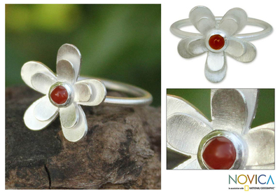 Carnelian flower ring, 'Sunlit Frangipani' - Hand Made Floral Sterling Silver and Carnelian Cocktail Ring