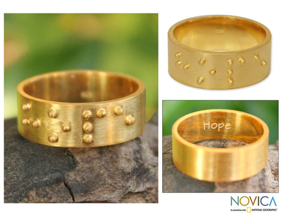 Gold plated band ring, 'Braille Hope' - Gold plated band ring