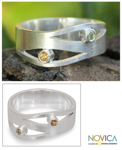 Citrine and peridot band ring, 'Revelations' - Handcrafted Silver and Citrine Band Ring