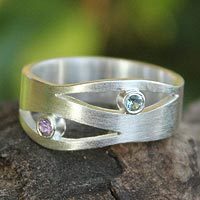 Amethyst and blue topaz band ring, 'Revelations' - Amethyst and Blue Topaz Silver Ring