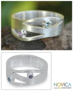 Amethyst and blue topaz band ring, 'Revelations' - Amethyst and Blue Topaz Silver Ring