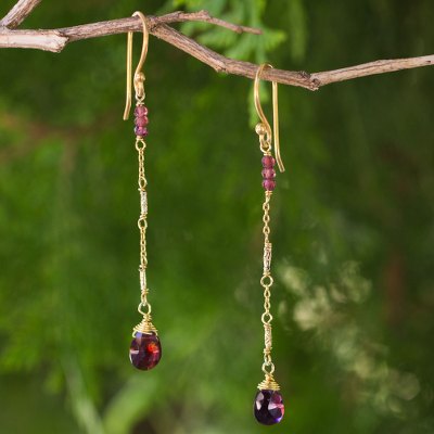 Gold plated garnet dangle earrings, 'Lanna Chimes' - Handmade Gold Plated Silver Garnet Dangle Earrings
