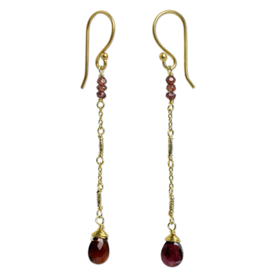Gold plated garnet dangle earrings, 'Lanna Chimes' - Handmade Gold Plated Silver Garnet Dangle Earrings