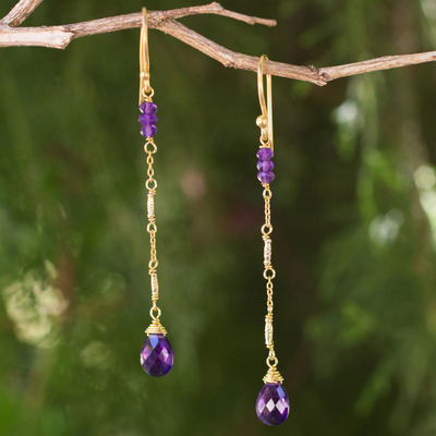 Gold plated amethyst dangle earrings, 'Lanna Chimes' - Artisan Crafted Gold Plated Silver Amethyst Earrings