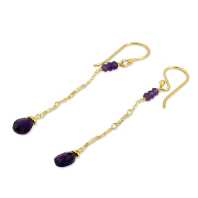 Gold plated amethyst dangle earrings, 'Lanna Chimes' - Artisan Crafted Gold Plated Silver Amethyst Earrings