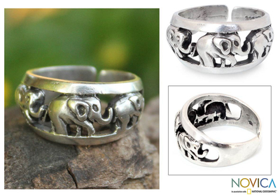 Sterling silver band ring, 'Siam Elephants' - Handmade Sterling Silver Band Ring
