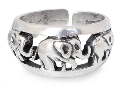 Sterling silver band ring, 'Siam Elephants' - Handmade Sterling Silver Band Ring