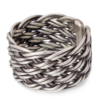 Silver band ring, 'Woven Rattan' - Silver Band Ring from Thailand