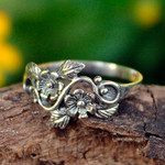Sterling silver flower ring, 'Siam Bouquet' - Flower and Leaf Sterling Silver Band Ring from Thailand
