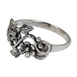 Sterling silver flower ring, 'Siam Bouquet' - Flower and Leaf Sterling Silver Band Ring from Thailand