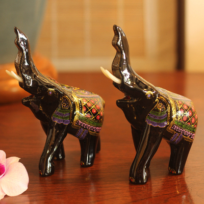 Lacquered wood figurines, Happy Elephants (pair)
