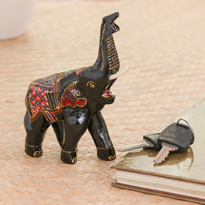 Lacquered wood figurines, 'Happy Elephants' (pair) - Lacquered Wood Figurines (Pair)