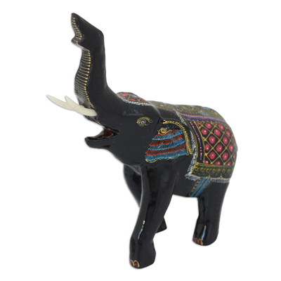 Lacquered wood figurine, 'Happy Elephant' - Artisan Crafted Wood Elephant Sculpture