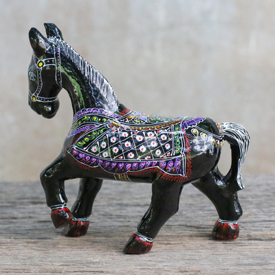Lacquered wood figurine, 'Prancing Thai Horse' - Handcrafted Lacquered Wood Figurine