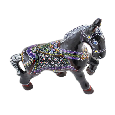 Lacquered wood figurine, 'Prancing Thai Horse' - Handcrafted Lacquered Wood Figurine