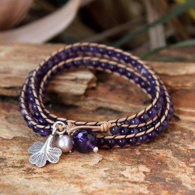 Leather and amethyst wrap bracelet, 'Fortune's Wisdom' - Artisan Crafted Leather and Amethyst Wrap Bracelet