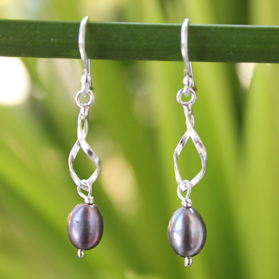 Cultured pearls dangle earrings, 'Swirling Love' - Artisan Crafted Sterling Silver and Pearl Dangle Earrings
