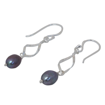 Cultured pearls dangle earrings, 'Swirling Love' - Artisan Crafted Sterling Silver and Pearl Dangle Earrings