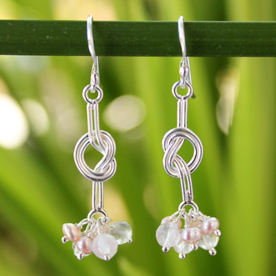 Cultured pearls and rose quartz cluster earrings, 'Love Knots' - Thai Sterling Silver Pearl Earrings