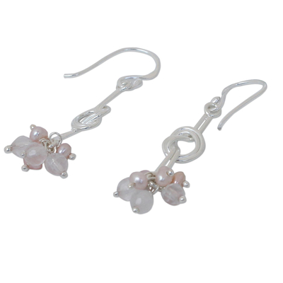 Cultured pearls and rose quartz cluster earrings, 'Love Knots' - Thai Sterling Silver Pearl Earrings