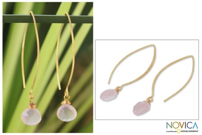 Gold vermeil rose quartz dangle earrings, 'Breath of Love' - Fair Trade Gold Vermeil and Rose Quartz Earrings
