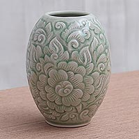 Green Celadon Ceramic Vase,'Thai Peony'