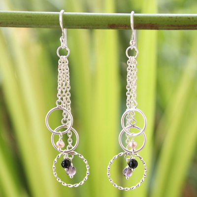 Cultured pearl and amethyst dangle earrings, 'Siam Chimes' - Artisan Crafted Sterling Silver and Pearl Earrings