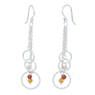 Cultured pearl and carnelian dangle earrings, 'Siam Chimes' - Handcrafted Sterling Silver Multigem Dangle Earrings