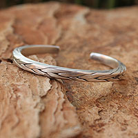 Men's sterling silver cuff bracelet, 'Hill Tribe Braid'