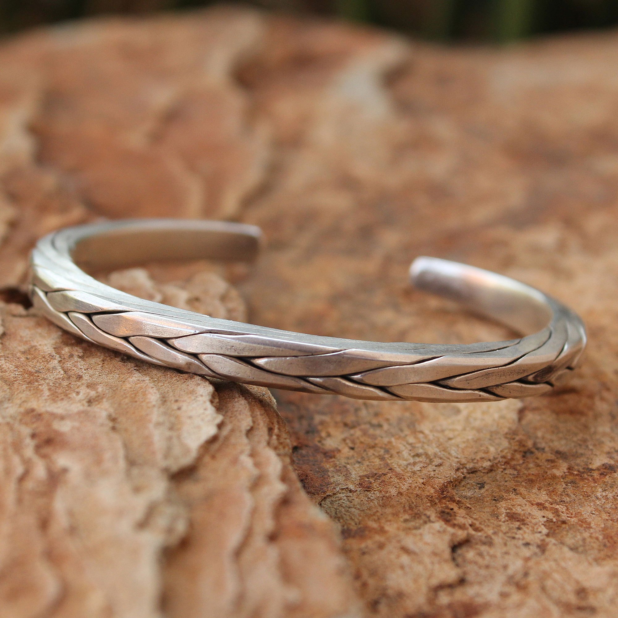 Symbolina 925 Sterling Silver Braided Leather Bracelet – Brown, Men's Cuff, Israel