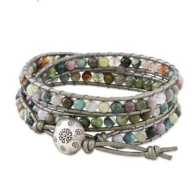 Gray and Green Fair Trade Agate Jasper Beaded Wrap Bracelet