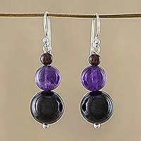 Garnet and amethyst drop earrings, 'Progression' - Beaded Garnet Earrings