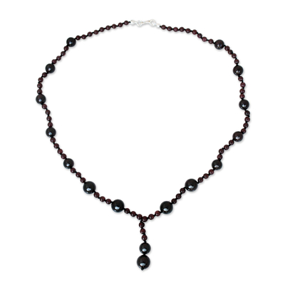 Garnet Y necklace, 'Red Champagne' - Thailand Hand Knotted Garnet Beaded Y Necklace