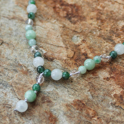 Jade and quartz Y necklace, 'Natural Beauty' - Handcrafted Beaded Jade and Quartz Necklace